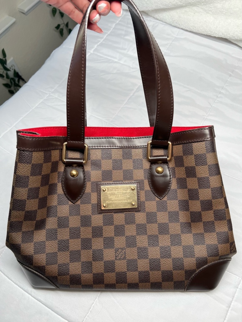 Louis Vuitton Brown Checkered Tote with Red Interior